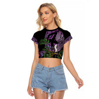 Purple New Zealand Kowhai And Piwakawaka Raglan Cropped T Shirt Maori Ngaru Paua Shell LT14 Female Purple - Polynesian Pride