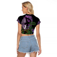 Purple New Zealand Kowhai And Piwakawaka Raglan Cropped T Shirt Maori Ngaru Paua Shell LT14 - Polynesian Pride