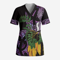 Purple New Zealand Kowhai And Piwakawaka Scrub Top Maori Ngaru Paua Shell - Polynesian Pride