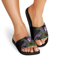 Purple New Zealand Kowhai And Piwakawaka Slide Sandals Maori Ngaru Paua Shell - Polynesian Pride