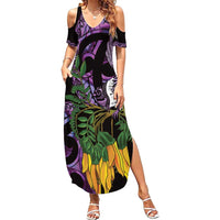 Purple New Zealand Kowhai And Piwakawaka Summer Maxi Dress Maori Ngaru Paua Shell LT14 Women Purple - Polynesian Pride