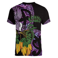 Purple New Zealand Kowhai And Piwakawaka Women V-Neck T-Shirt Maori Ngaru Paua Shell LT14 - Polynesian Pride