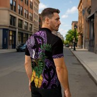 Purple New Zealand Kowhai And Piwakawaka Zipper Polo Shirt Maori Ngaru Paua Shell - Polynesian Pride