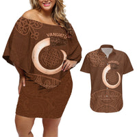 Vanuatu Indipendens Dei Couples Matching Off Shoulder Short Dress and Hawaiian Shirt Yumi Sand Drawing Turtle Mix Lapita LT14 Brown - Polynesian Pride