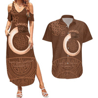 Vanuatu Indipendens Dei Couples Matching Summer Maxi Dress and Hawaiian Shirt Yumi Sand Drawing Turtle Mix Lapita LT14 Brown - Polynesian Pride