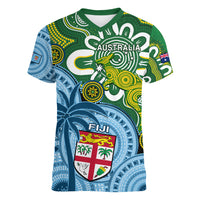 Personalised Australia And Fiji Women V Neck T Shirt Aboriginal Mix Fijian Tapa Unique Style LT14 Female Green - Polynesian Pride