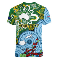Personalised Australia And Fiji Women V Neck T Shirt Aboriginal Mix Fijian Tapa Unique Style LT14 - Polynesian Pride