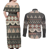 Vintage Bula Fiji Masi Couples Matching Off Shoulder Maxi Dress and Long Sleeve Button Shirt Fijian Tapa Cloth - Polynesian Pride