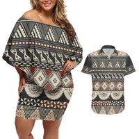 Vintage Bula Fiji Masi Couples Matching Off Shoulder Short Dress and Hawaiian Shirt Fijian Tapa Cloth - Polynesian Pride
