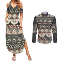 Vintage Bula Fiji Masi Couples Matching Summer Maxi Dress and Long Sleeve Button Shirt Fijian Tapa Cloth - Polynesian Pride