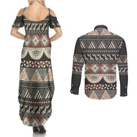 Vintage Bula Fiji Masi Couples Matching Summer Maxi Dress and Long Sleeve Button Shirt Fijian Tapa Cloth - Polynesian Pride