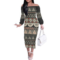 Vintage Bula Fiji Masi Off The Shoulder Long Sleeve Dress Fijian Tapa Cloth - Polynesian Pride