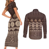 Bula Fiji Iri ni Meke Couples Matching Short Sleeve Bodycon Dress and Long Sleeve Button Shirt Kuvui Fijian Masi - Polynesian Pride