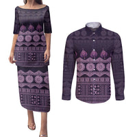 Bula Fiji Iri ni Meke Couples Matching Puletasi and Long Sleeve Button Shirt Lokaloka Fijian Masi LT14 Purple - Polynesian Pride