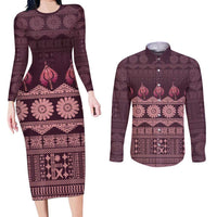 Bula Fiji Iri ni Meke Couples Matching Long Sleeve Bodycon Dress and Long Sleeve Button Shirt Piqi Fijian Masi - Polynesian Pride
