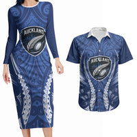 Auckland 2026 Rugby Custom Couples Matching Long Sleeve Bodycon Dress and Hawaiian Shirt NZ Maori Silver Fern LT14 Blue - Polynesian Pride