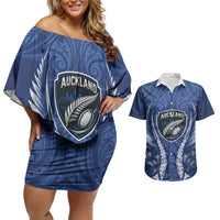 Auckland 2026 Rugby Custom Couples Matching Off Shoulder Short Dress and Hawaiian Shirt NZ Maori Silver Fern LT14 Blue - Polynesian Pride