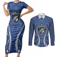 Auckland 2026 Rugby Custom Couples Matching Short Sleeve Bodycon Dress and Long Sleeve Button Shirt NZ Maori Silver Fern LT14 Blue - Polynesian Pride