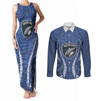 Auckland 2026 Rugby Custom Couples Matching Tank Maxi Dress and Long Sleeve Button Shirt NZ Maori Silver Fern LT14 Blue - Polynesian Pride