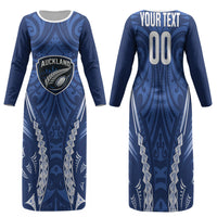 Auckland 2026 Rugby Custom Family Matching Long Sleeve Bodycon Dress and Hawaiian Shirt NZ Maori Silver Fern LT14 Mom's Dress Blue - Polynesian Pride