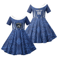 Auckland 2026 Rugby Custom Family Matching Off The Shoulder Long Sleeve Dress and Hawaiian Shirt NZ Maori Silver Fern LT14 Daughter's Dress Blue - Polynesian Pride