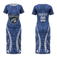 Auckland 2026 Rugby Custom Family Matching Short Sleeve Bodycon Dress and Hawaiian Shirt NZ Maori Silver Fern LT14 Mom's Dress Blue - Polynesian Pride