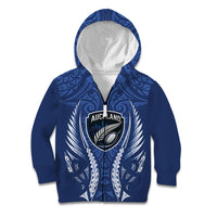Auckland 2026 Rugby Custom Kid Hoodie NZ Maori Silver Fern LT14 Zip Hoodie Blue - Polynesian Pride