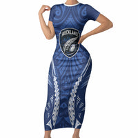 Auckland 2026 Rugby Custom Short Sleeve Bodycon Dress NZ Maori Silver Fern LT14 Long Dress Blue - Polynesian Pride