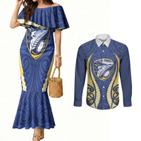 Bay of Plenty 2026 Rugby Custom Couples Matching Mermaid Dress and Long Sleeve Button Shirt NZ Maori Silver Fern LT14 Blue - Polynesian Pride