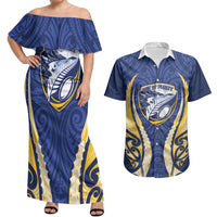 Bay of Plenty 2026 Rugby Custom Couples Matching Off Shoulder Maxi Dress and Hawaiian Shirt NZ Maori Silver Fern LT14 Blue - Polynesian Pride