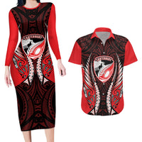 Canterbury 2026 Rugby Custom Couples Matching Long Sleeve Bodycon Dress and Hawaiian Shirt NZ Maori Silver Fern LT14 Red - Polynesian Pride
