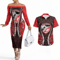 Canterbury 2026 Rugby Custom Couples Matching Off The Shoulder Long Sleeve Dress and Hawaiian Shirt NZ Maori Silver Fern LT14 Red - Polynesian Pride