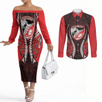 Canterbury 2026 Rugby Custom Couples Matching Off The Shoulder Long Sleeve Dress and Long Sleeve Button Shirt NZ Maori Silver Fern LT14 Red - Polynesian Pride