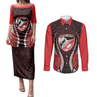 Canterbury 2026 Rugby Custom Couples Matching Puletasi and Long Sleeve Button Shirt NZ Maori Silver Fern LT14 Red - Polynesian Pride