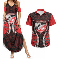 Canterbury 2026 Rugby Custom Couples Matching Summer Maxi Dress and Hawaiian Shirt NZ Maori Silver Fern LT14 Red - Polynesian Pride