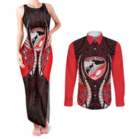 Canterbury 2026 Rugby Custom Couples Matching Tank Maxi Dress and Long Sleeve Button Shirt NZ Maori Silver Fern LT14 Red - Polynesian Pride