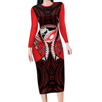 Canterbury 2026 Rugby Custom Family Matching Long Sleeve Bodycon Dress and Hawaiian Shirt NZ Maori Silver Fern LT14 Mom's Dress Red - Polynesian Pride