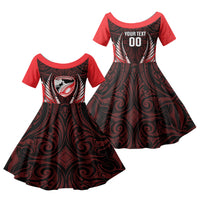 Canterbury 2026 Rugby Custom Family Matching Off The Shoulder Long Sleeve Dress and Hawaiian Shirt NZ Maori Silver Fern LT14 Daughter's Dress Red - Polynesian Pride