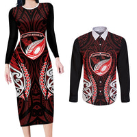 Counties Manukau 2026 Rugby Custom Couples Matching Long Sleeve Bodycon Dress and Long Sleeve Button Shirt NZ Maori Silver Fern LT14 Red - Polynesian Pride
