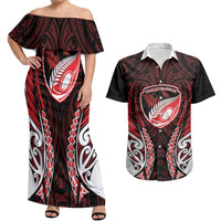 Counties Manukau 2026 Rugby Custom Couples Matching Off Shoulder Maxi Dress and Hawaiian Shirt NZ Maori Silver Fern LT14 Red - Polynesian Pride
