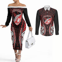 Counties Manukau 2026 Rugby Custom Couples Matching Off The Shoulder Long Sleeve Dress and Long Sleeve Button Shirt NZ Maori Silver Fern LT14 Red - Polynesian Pride
