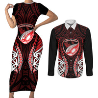 Counties Manukau 2026 Rugby Custom Couples Matching Short Sleeve Bodycon Dress and Long Sleeve Button Shirt NZ Maori Silver Fern LT14 Red - Polynesian Pride