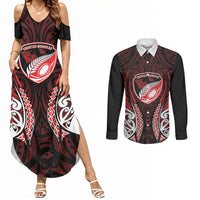 Counties Manukau 2026 Rugby Custom Couples Matching Summer Maxi Dress and Long Sleeve Button Shirt NZ Maori Silver Fern LT14 Red - Polynesian Pride