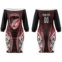 Counties Manukau 2026 Rugby Custom Family Matching Off The Shoulder Long Sleeve Dress and Hawaiian Shirt NZ Maori Silver Fern LT14 Mom's Dress Red - Polynesian Pride