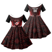 Counties Manukau 2026 Rugby Custom Family Matching Off The Shoulder Long Sleeve Dress and Hawaiian Shirt NZ Maori Silver Fern LT14 Daughter's Dress Red - Polynesian Pride