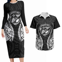 Hawke's Bay 2026 Rugby Custom Couples Matching Long Sleeve Bodycon Dress and Hawaiian Shirt NZ Maori Silver Fern LT14 Black - Polynesian Pride