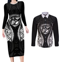 Hawke's Bay 2026 Rugby Custom Couples Matching Long Sleeve Bodycon Dress and Long Sleeve Button Shirt NZ Maori Silver Fern LT14 Black - Polynesian Pride