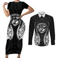 Hawke's Bay 2026 Rugby Custom Couples Matching Short Sleeve Bodycon Dress and Long Sleeve Button Shirt NZ Maori Silver Fern LT14 Black - Polynesian Pride