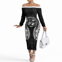 Hawke's Bay 2026 Rugby Custom Off The Shoulder Long Sleeve Dress NZ Maori Silver Fern LT14 Women Black - Polynesian Pride