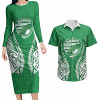 Manawatu 2026 Rugby Custom Couples Matching Long Sleeve Bodycon Dress and Hawaiian Shirt NZ Maori Silver Fern LT14 Green - Polynesian Pride